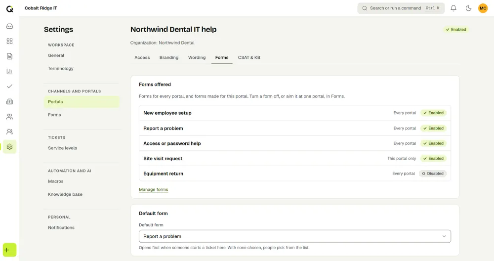 The Forms tab of a client portal in ActiveQ: five request forms with labels for every portal or this portal only, and enabled or disabled badges, and a default form chosen below. Sample data.