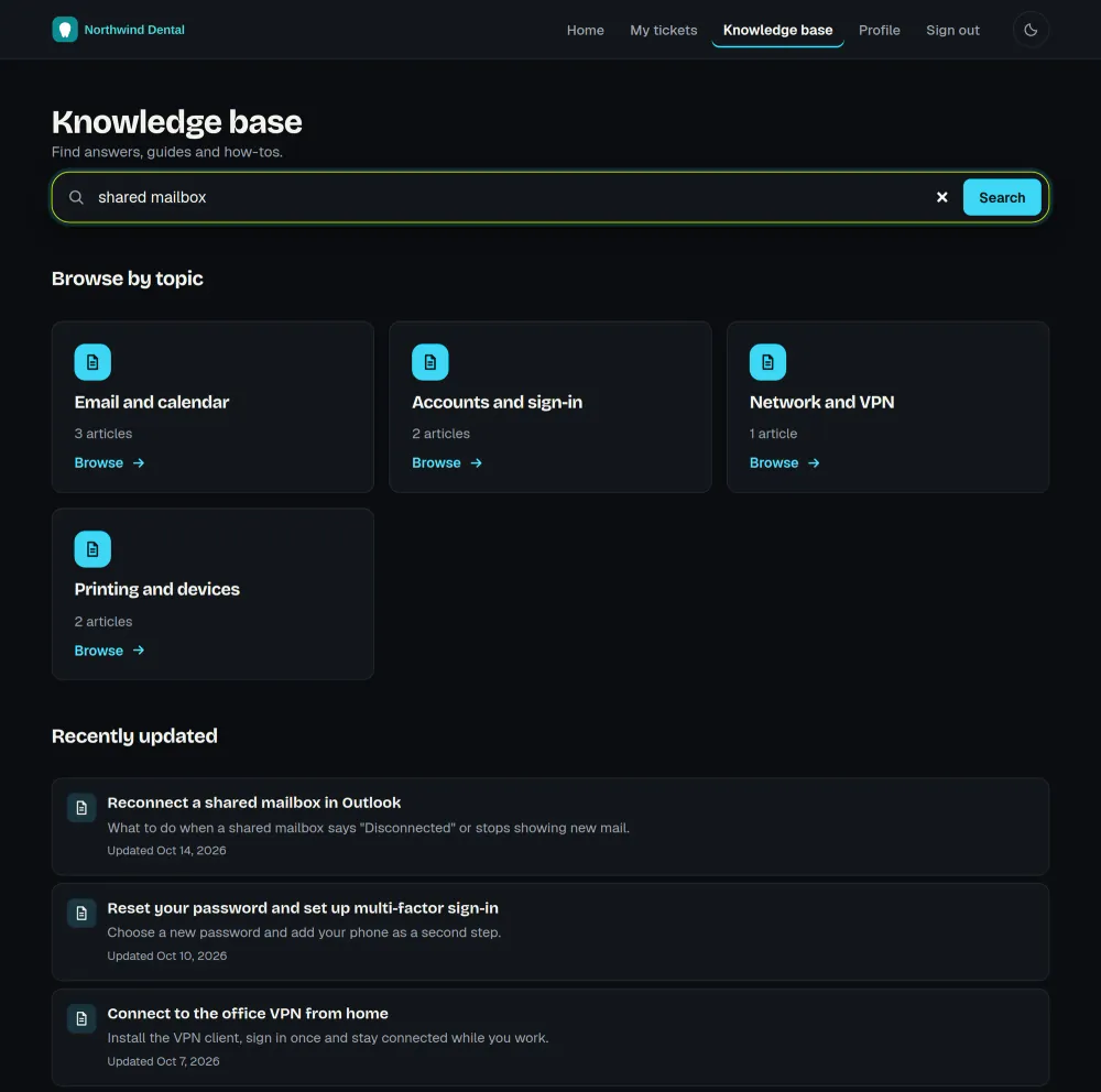The signed-in help center of a client portal: a search box with a query typed in, article topics with their counts and a list of recently updated articles. Sample data.