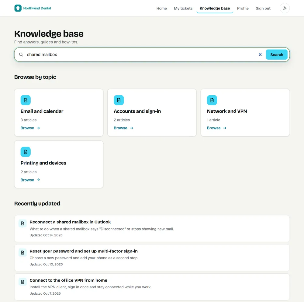 The signed-in help center of a client portal: a search box with a query typed in, article topics with their counts and a list of recently updated articles. Sample data.