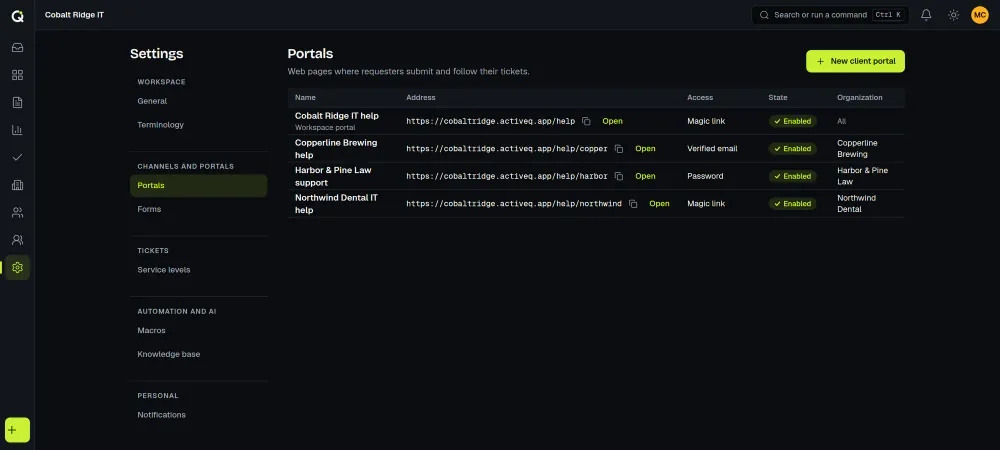 The ActiveQ Portals list of a service provider: the workspace portal and three client portals, each with its address, a copy button, its sign-in mode and an Enabled badge. Sample data.