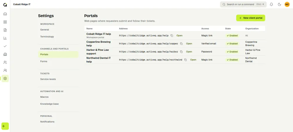 The ActiveQ Portals list of a service provider: the workspace portal and three client portals, each with its address, a copy button, its sign-in mode and an Enabled badge. Sample data.