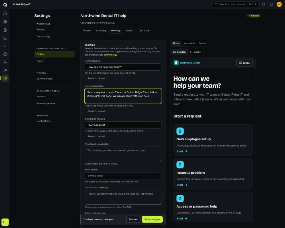 The Wording tab of a client portal in ActiveQ with a custom home heading and introduction typed in, beside a live preview of the portal home page. Sample data.