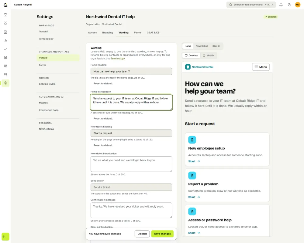 The Wording tab of a client portal in ActiveQ with a custom home heading and introduction typed in, beside a live preview of the portal home page. Sample data.