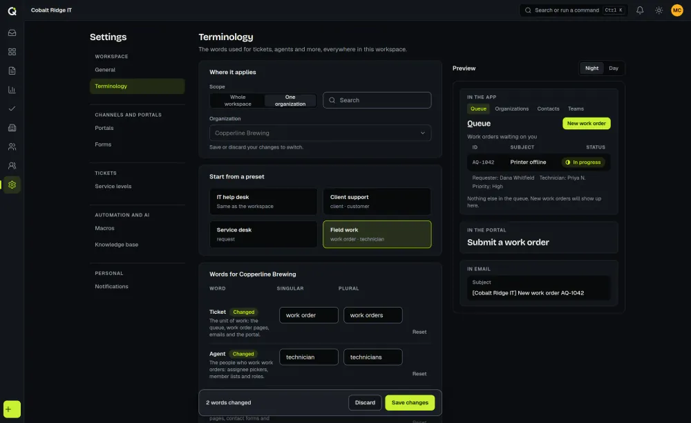 The ActiveQ terminology settings for one organization with the Field work preset chosen: ticket becomes work order and agent becomes technician, with a preview in the app, the portal and an email subject. Sample data.