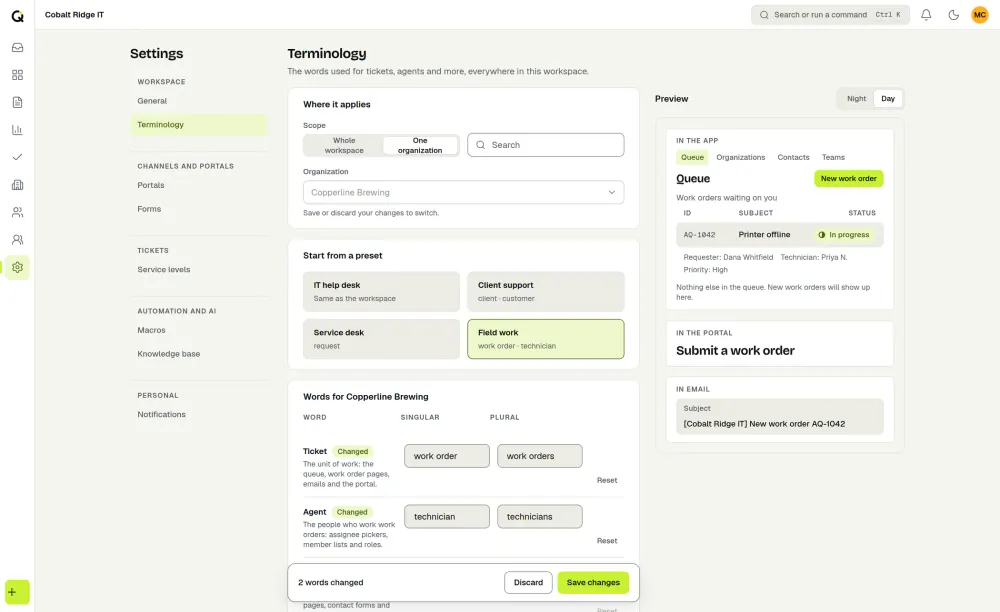 The ActiveQ terminology settings for one organization with the Field work preset chosen: ticket becomes work order and agent becomes technician, with a preview in the app, the portal and an email subject. Sample data.