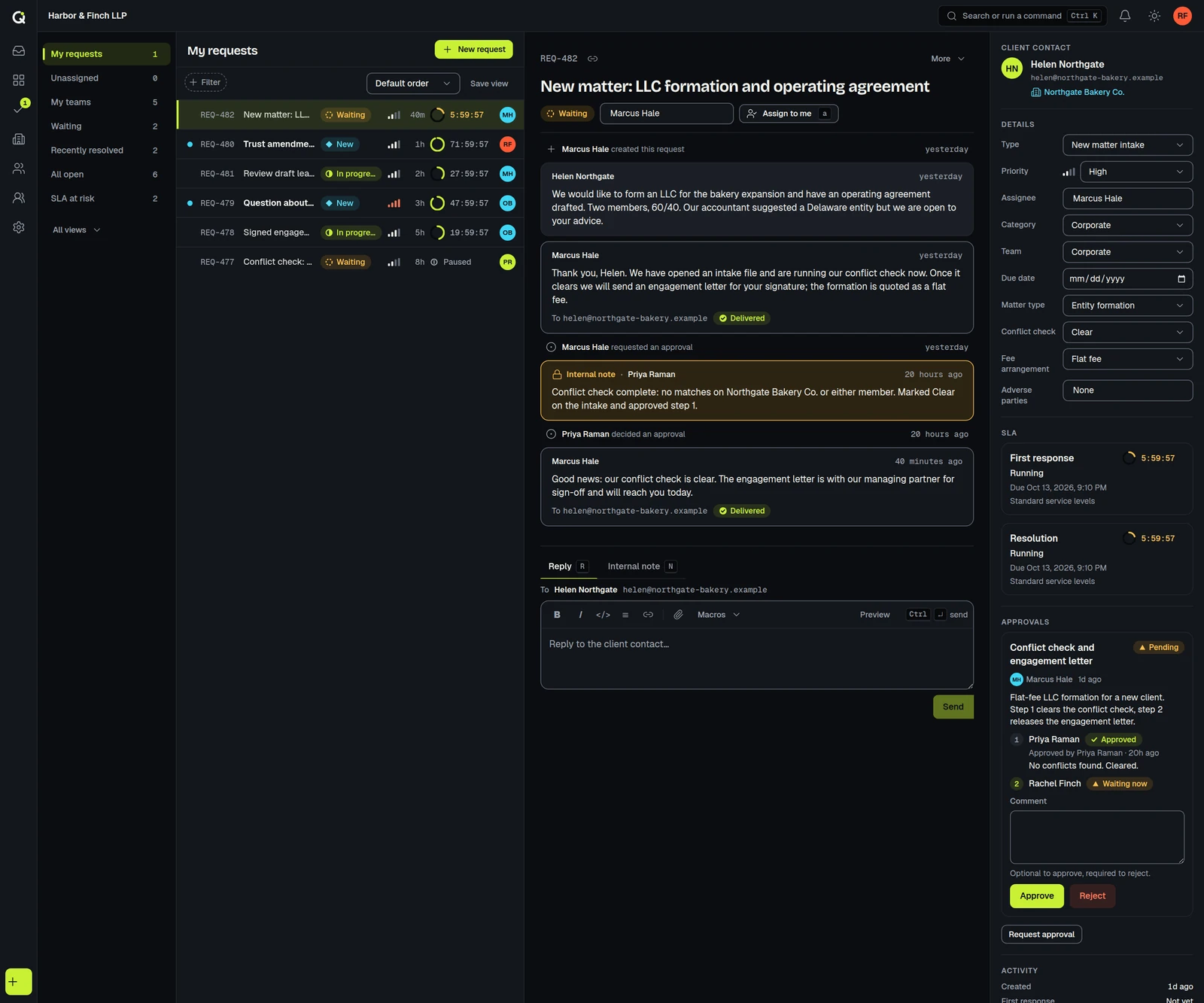 An ActiveQ request for a new LLC formation matter. The right panel shows a two-step approval chain: the first approver has approved with a comment, the second is waiting, with Approve and Reject buttons. The timeline records each step.