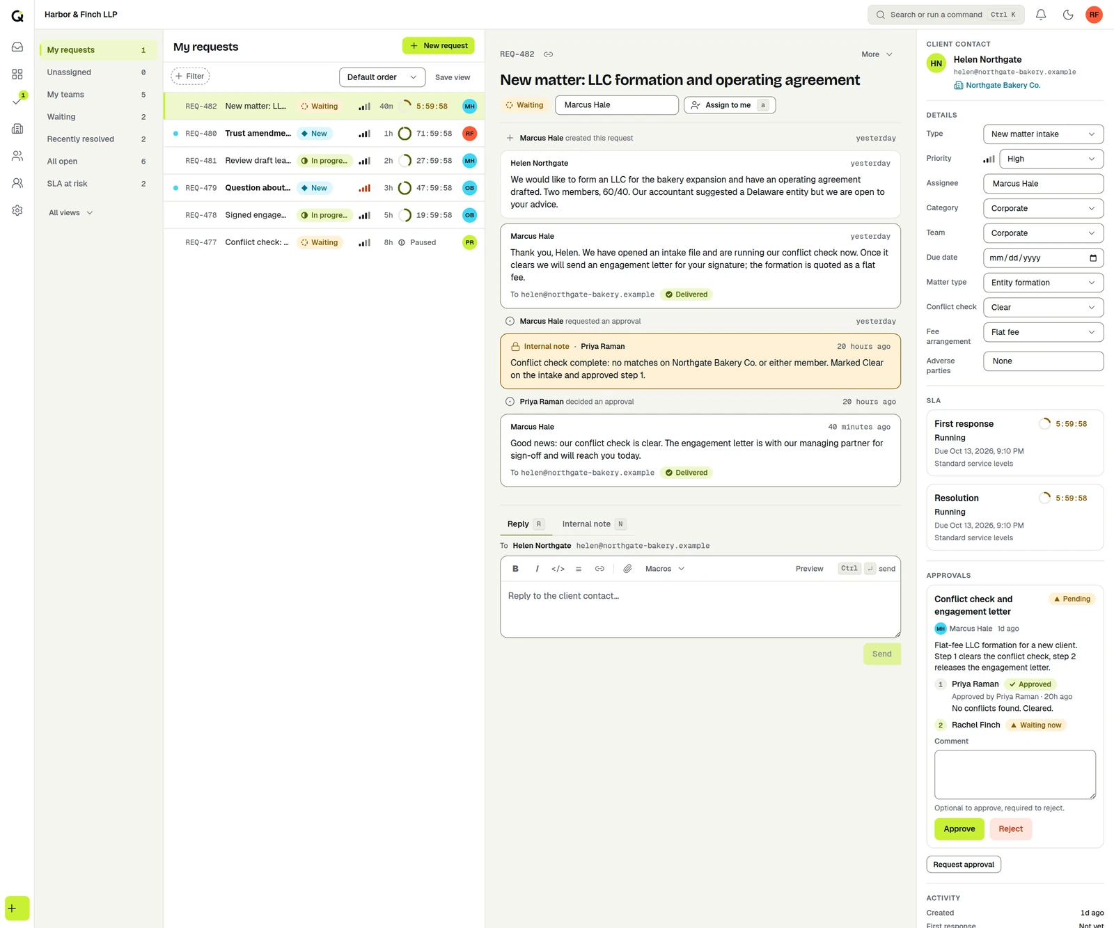 An ActiveQ request for a new LLC formation matter. The right panel shows a two-step approval chain: the first approver has approved with a comment, the second is waiting, with Approve and Reject buttons. The timeline records each step.