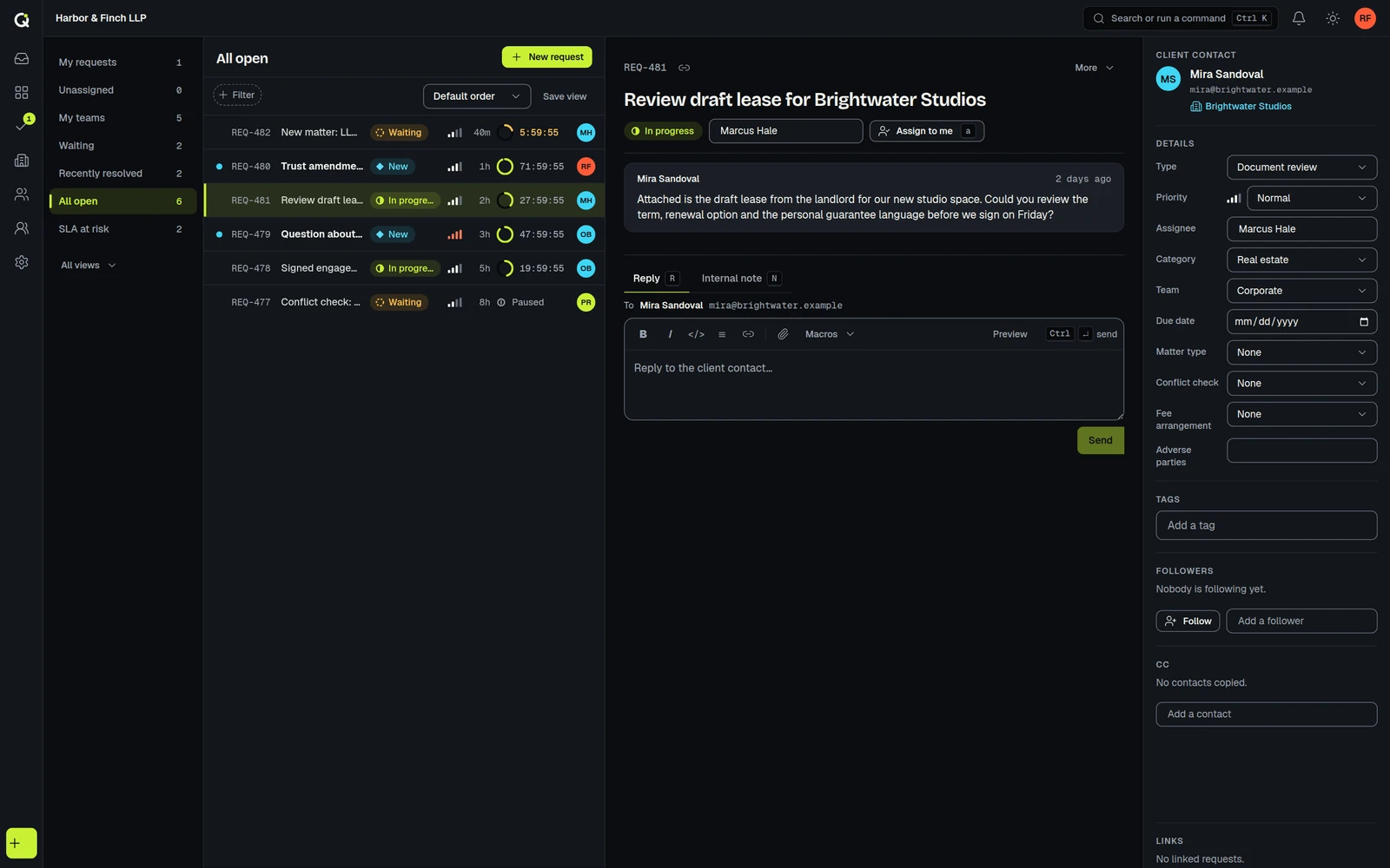 The ActiveQ staff queue for a law firm: a list of requests with status, priority, assignee and a countdown response clock, beside the open request and its client details.