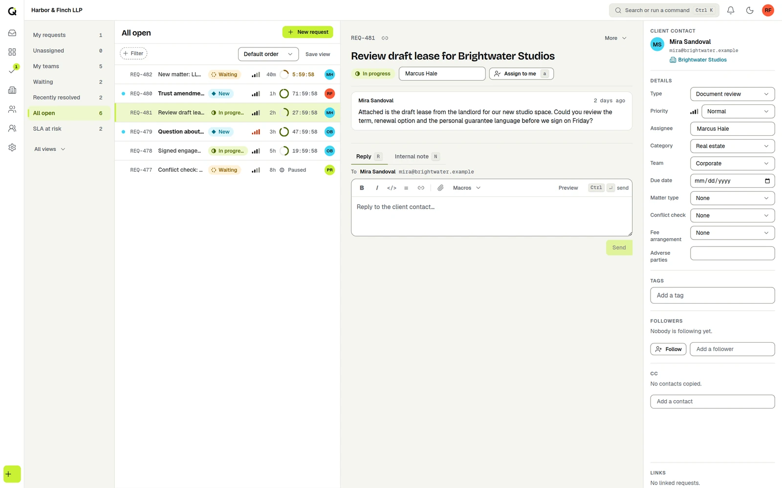 The ActiveQ staff queue for a law firm: a list of requests with status, priority, assignee and a countdown response clock, beside the open request and its client details.