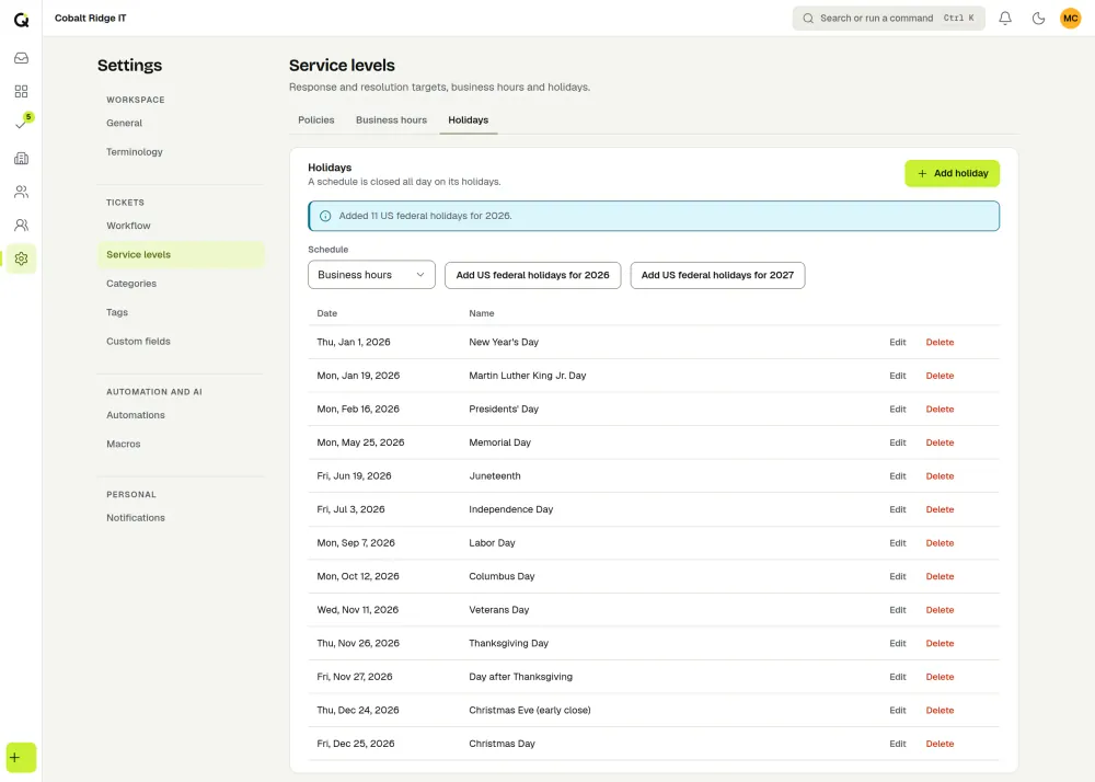 The ActiveQ holidays tab after the button for US federal holidays was used: eleven federal holidays are listed with two custom closures, and a notice confirms they were added. Sample data.