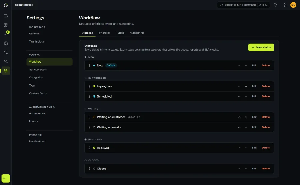 ActiveQ workflow settings listing the ticket statuses by group. Waiting on customer is marked Pauses SLA and Waiting on vendor is not. Sample data.