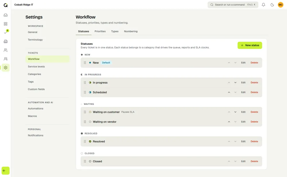 ActiveQ workflow settings listing the ticket statuses by group. Waiting on customer is marked Pauses SLA and Waiting on vendor is not. Sample data.