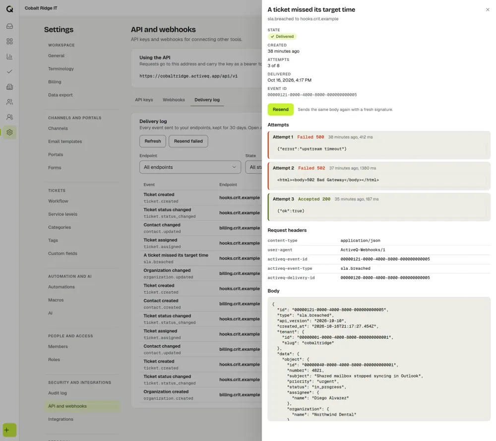 One webhook delivery opened in ActiveQ: its three attempts (500, 502, then 200), a Resend button, the stored request headers and the start of the JSON body. Sample data.