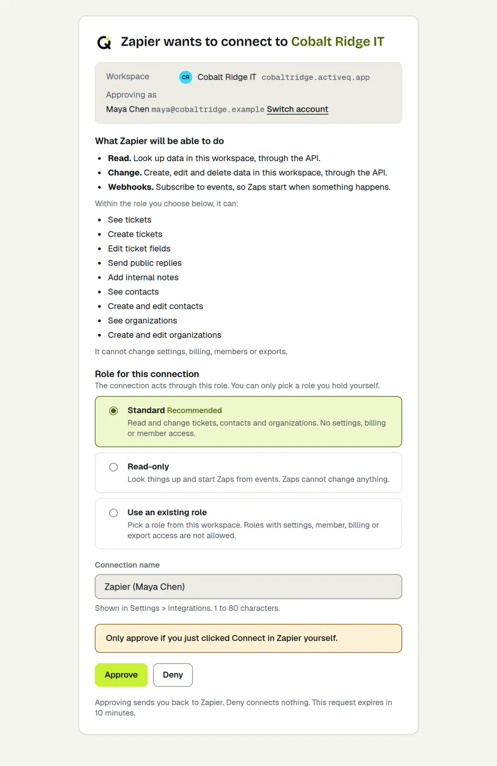 The ActiveQ approval screen for Zapier: what it will be able to do, a choice of role with Standard selected, a connection name, and Approve and Deny buttons. Sample data.